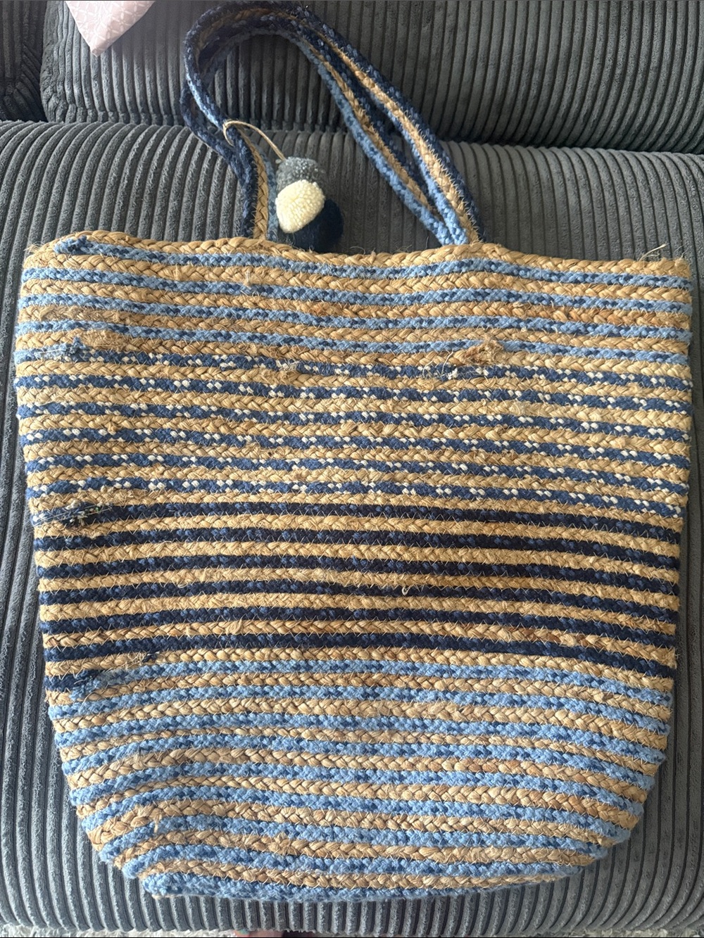 Striped Blue and Tan Woven Tote Bag with Pom Accent